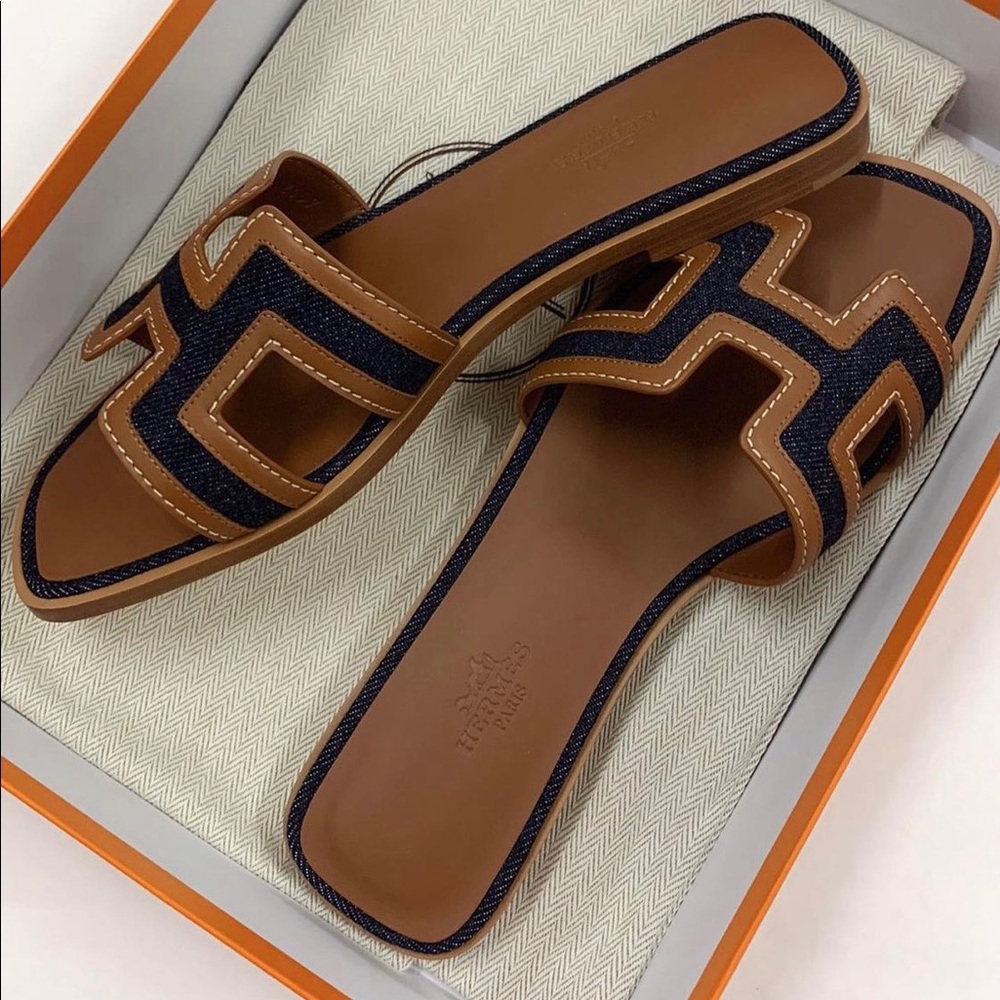 Hermès Denim & Leather Oran Sandals